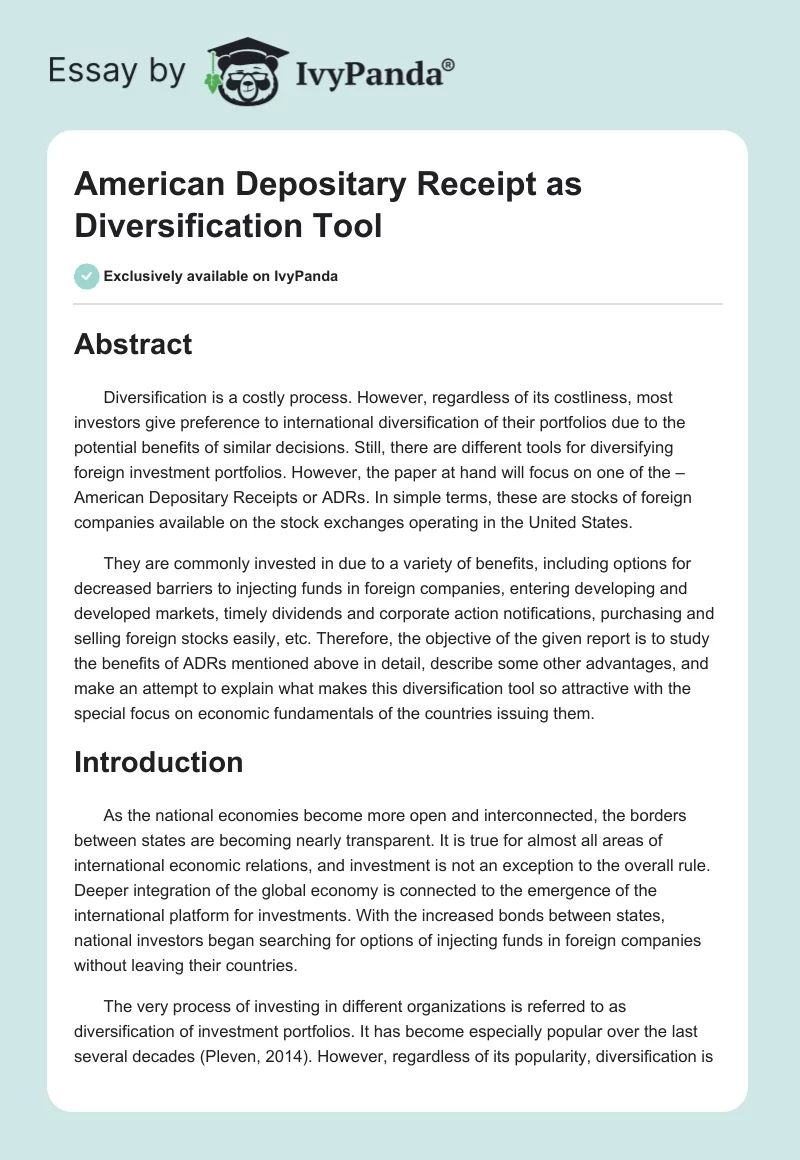 American Depositary Receipt as Diversification Tool. Page 1