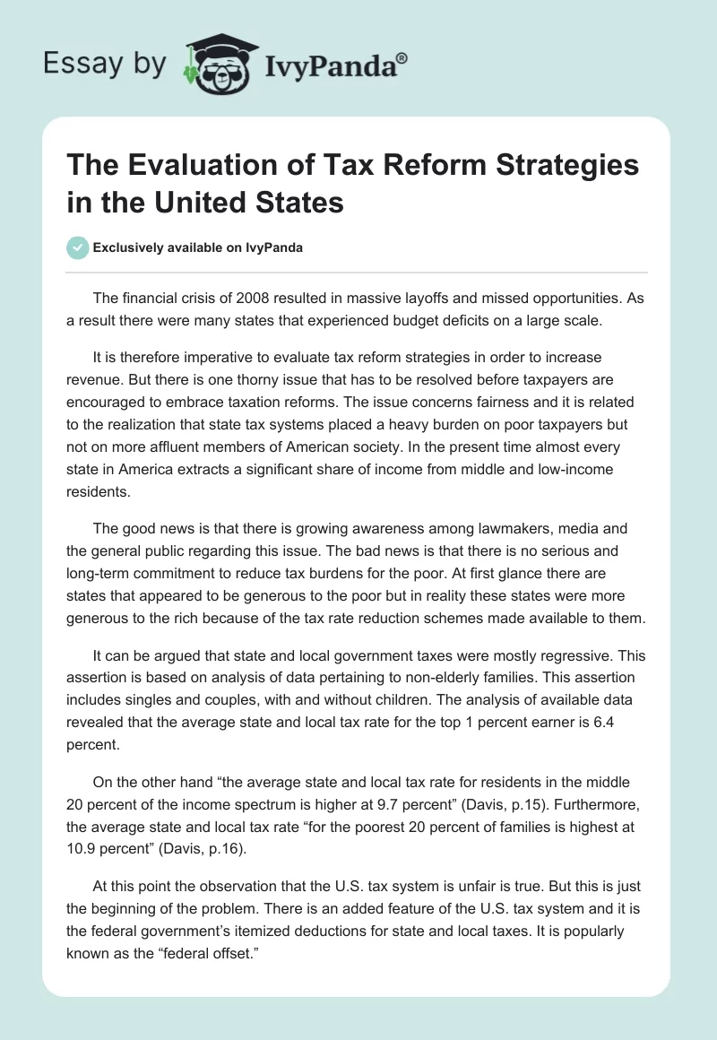 The Evaluation of Tax Reform Strategies in the United States. Page 1