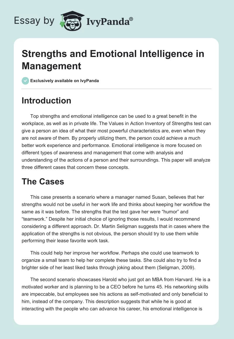 Strengths and Emotional Intelligence in Management. Page 1