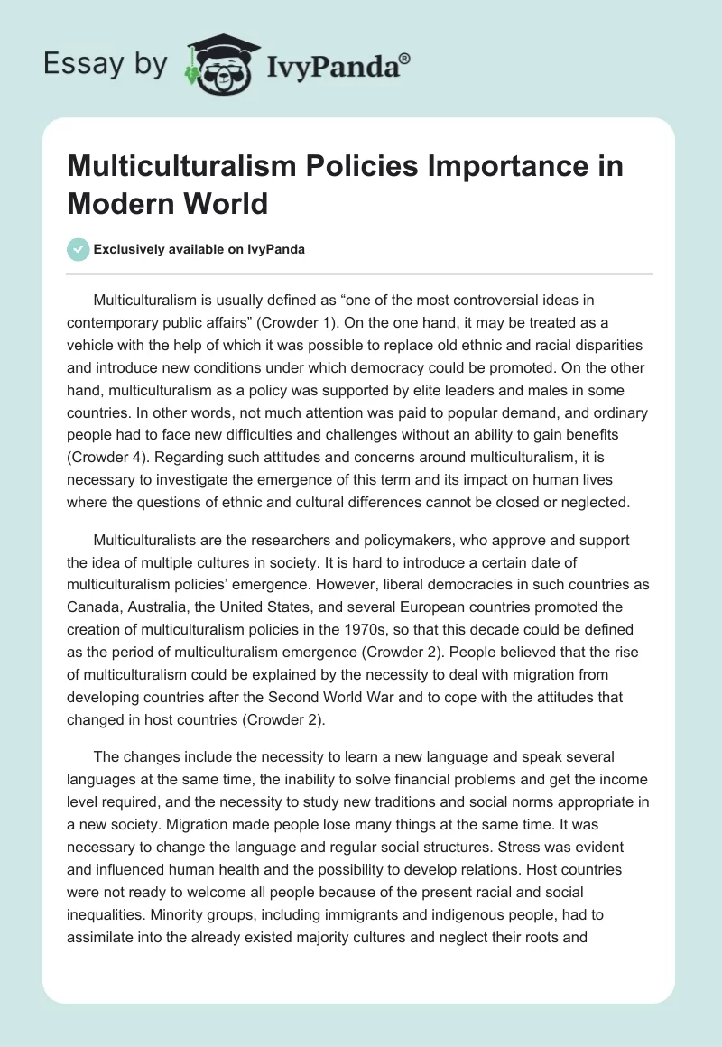 Multiculturalism Policies Importance in Modern World. Page 1
