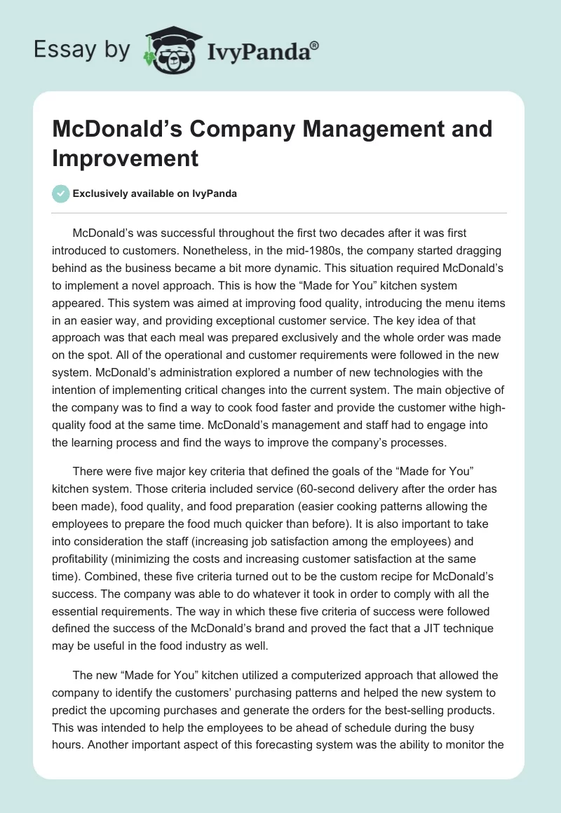 McDonald’s Company Management and Improvement. Page 1