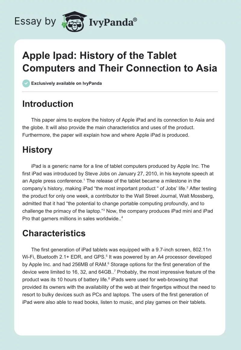 Apple Ipad: History of the Tablet Computers and Their Connection to Asia. Page 1