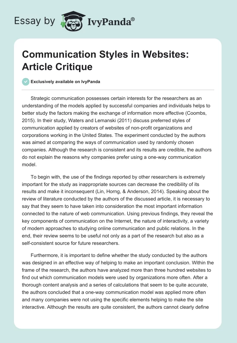 Communication Styles in Websites: Article Critique. Page 1