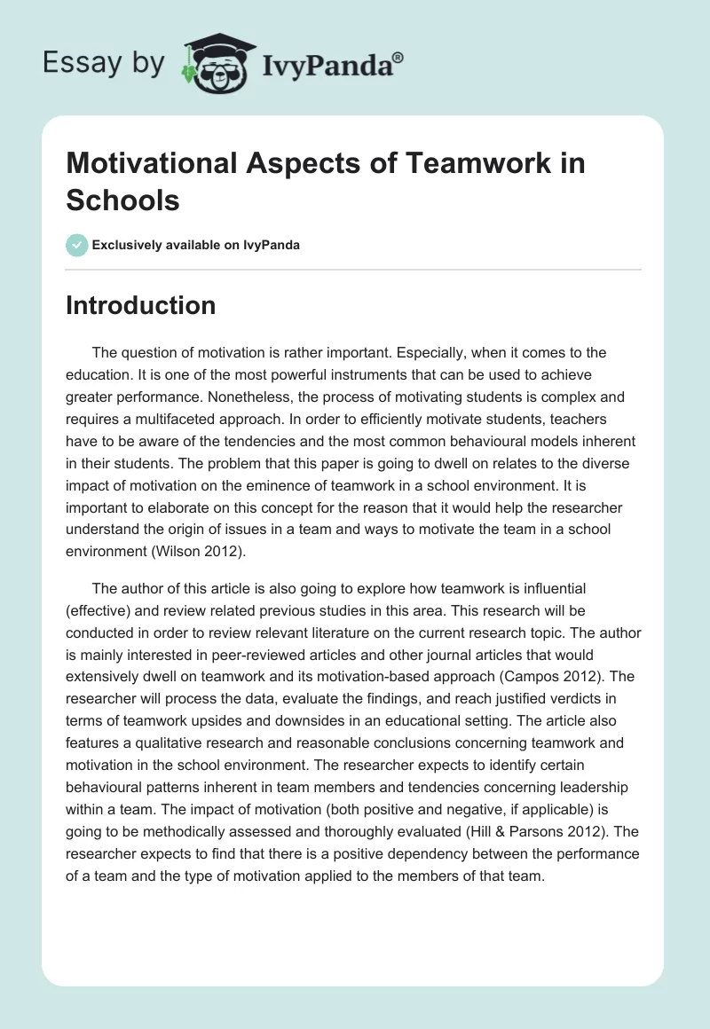 Motivational Aspects of Teamwork in Schools. Page 1