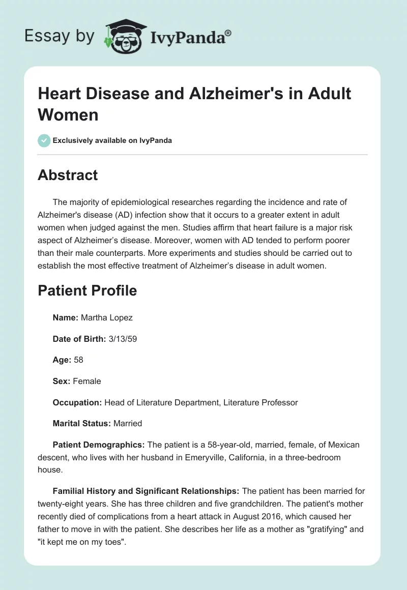 Heart Disease and Alzheimer's in Adult Women. Page 1