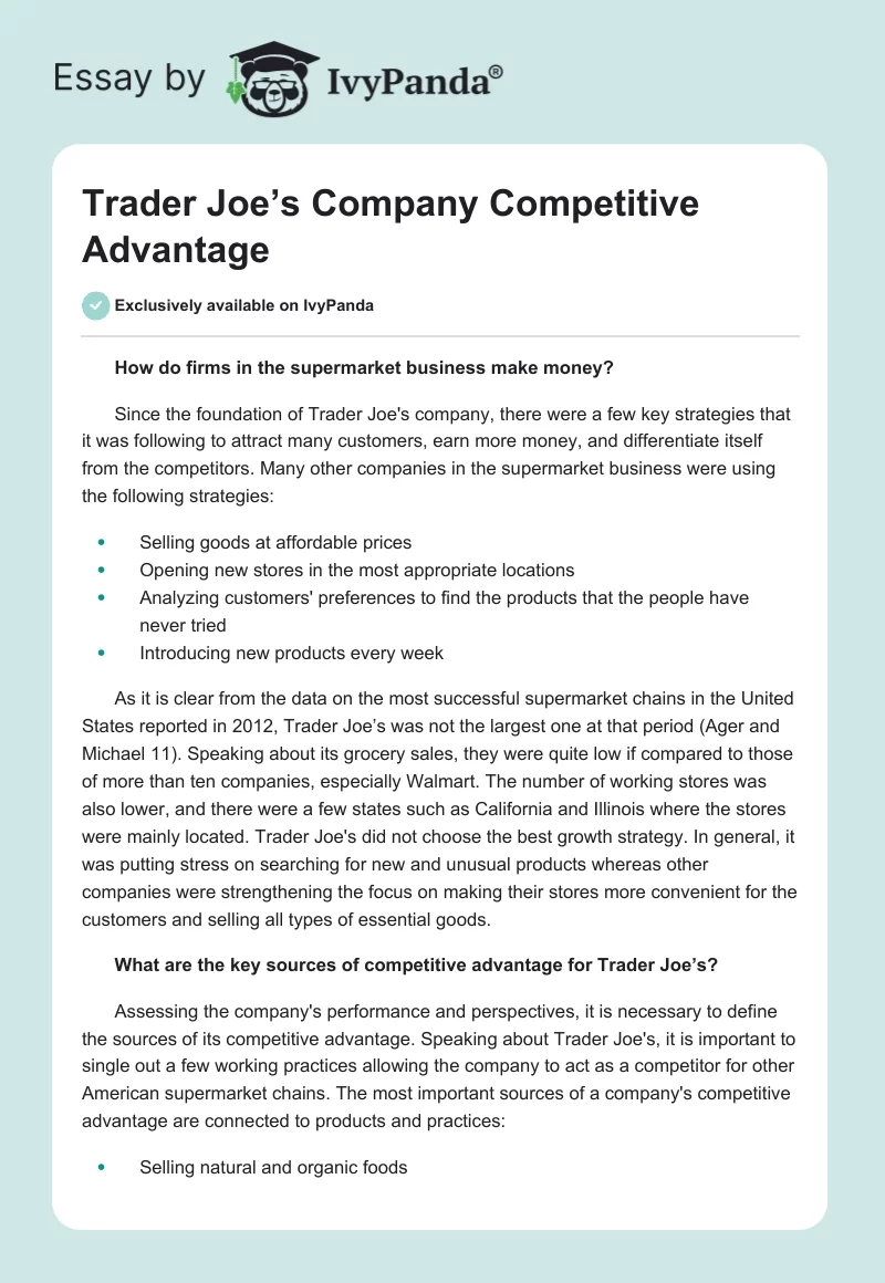 Trader Joe’s Company Competitive Advantage. Page 1