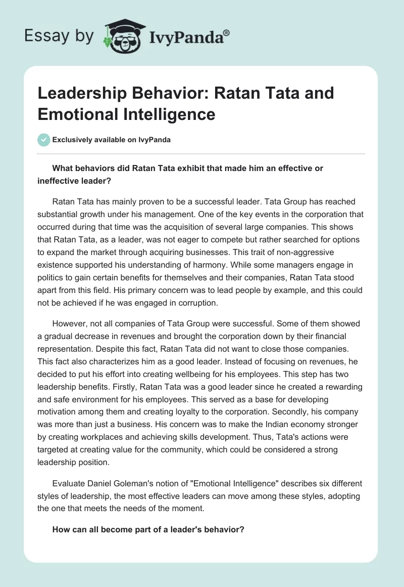 Leadership Behavior: Ratan Tata and Emotional Intelligence. Page 1