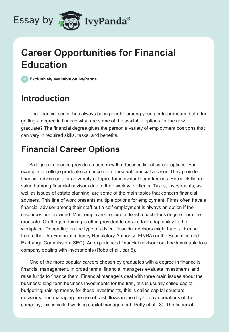 Career Opportunities for Financial Education. Page 1