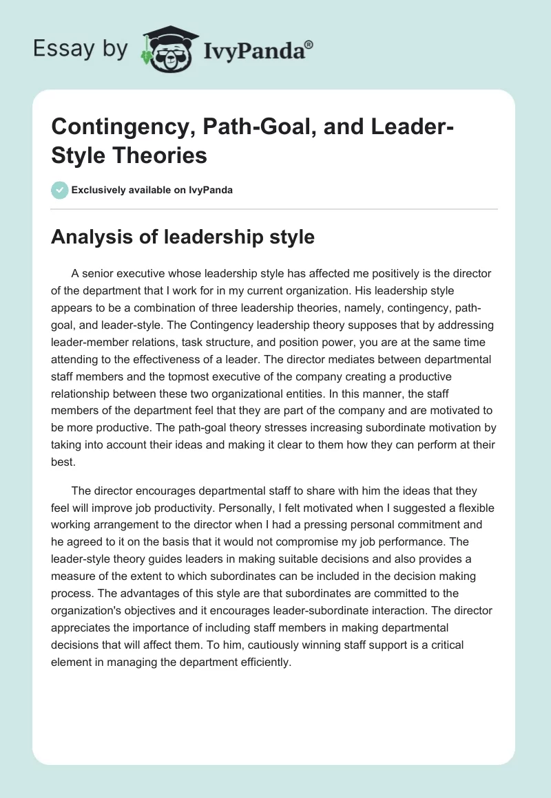 Contingency, Path-Goal, and Leader-Style Theories. Page 1