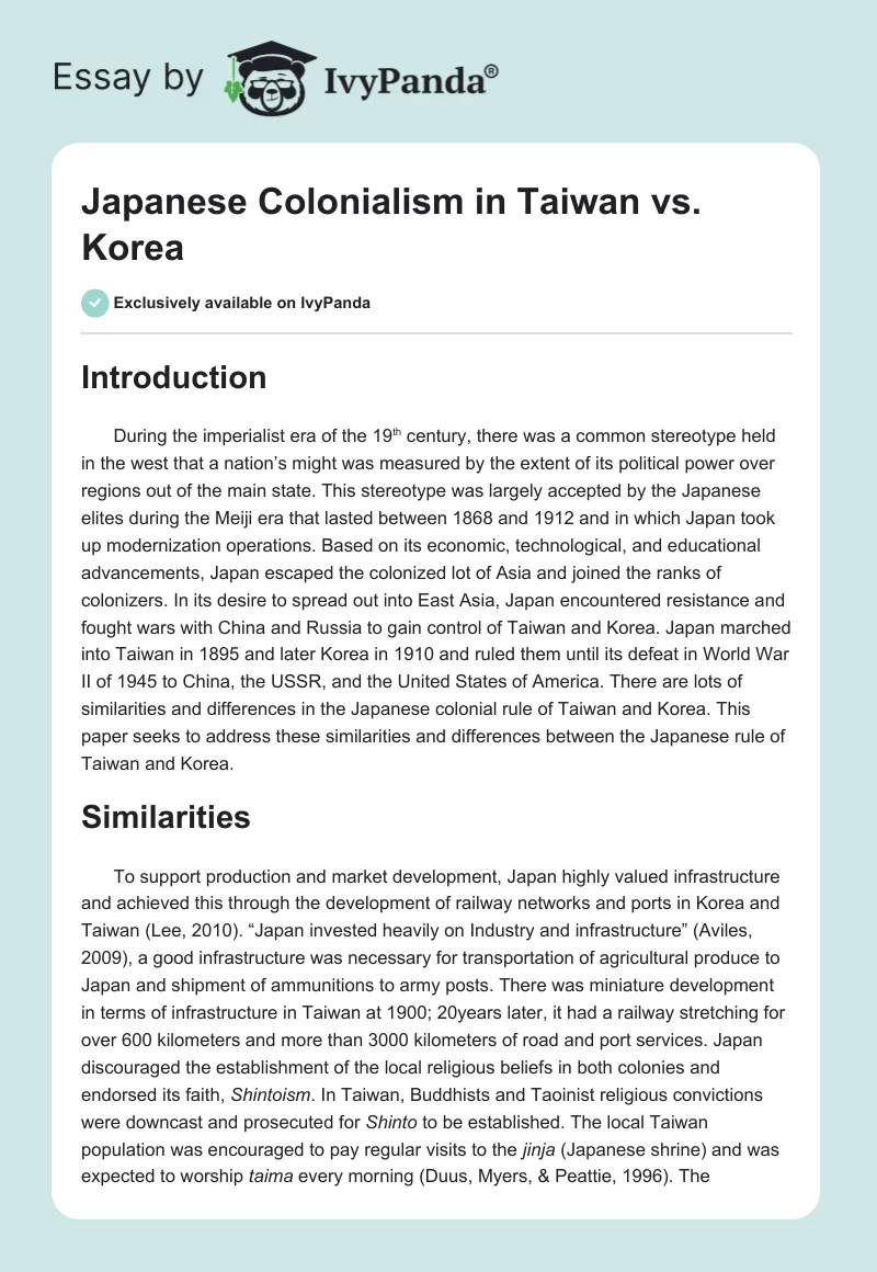 Japanese Colonialism in Taiwan vs. Korea. Page 1