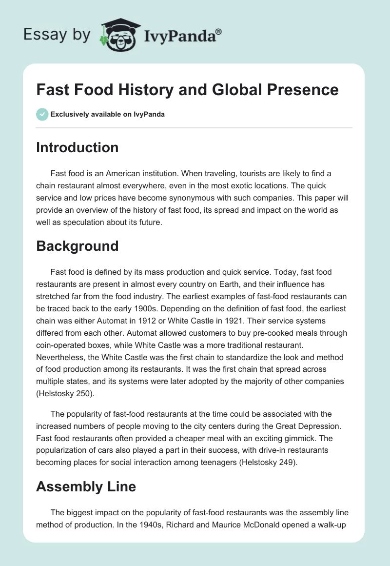 Fast Food History and Global Presence. Page 1
