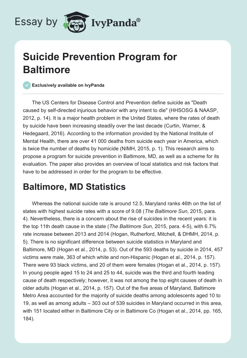 Suicide Prevention Program for Baltimore. Page 1