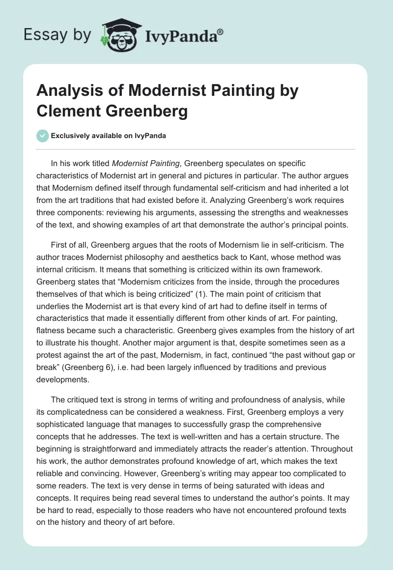 Analysis of Modernist Painting by Clement Greenberg. Page 1
