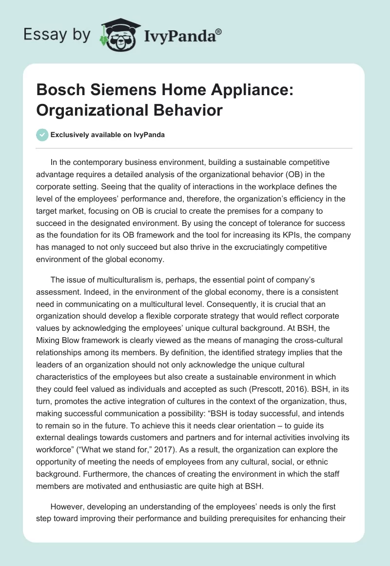 Bosch Siemens Home Appliance: Organizational Behavior. Page 1