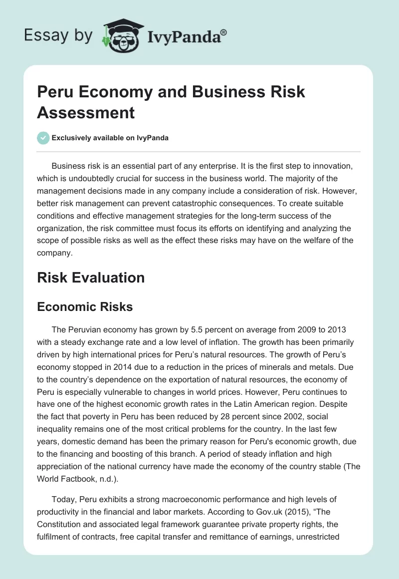 Peru Economy and Business Risk Assessment. Page 1