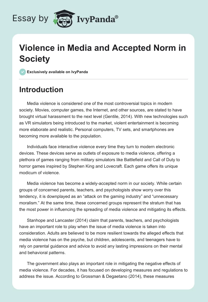 Violence in Media and Accepted Norm in Society. Page 1