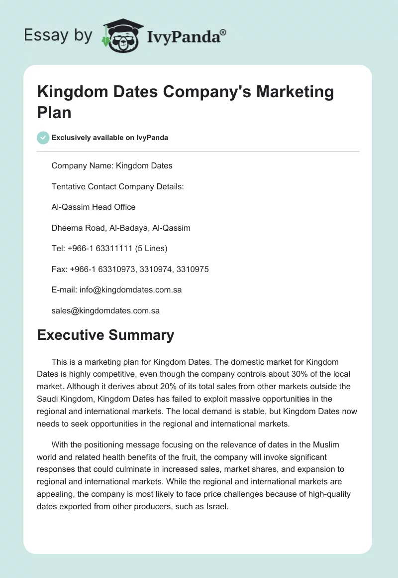Kingdom Dates Company's Marketing Plan. Page 1