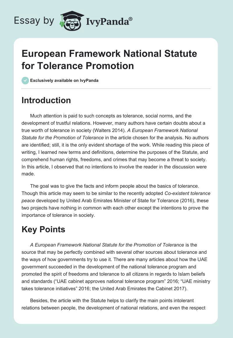 European Framework National Statute for Tolerance Promotion. Page 1