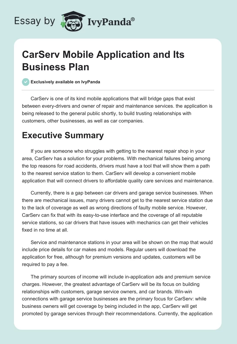 CarServ Mobile Application and Its Business Plan. Page 1