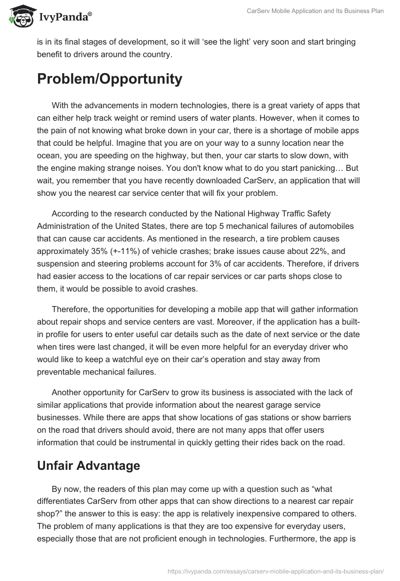 CarServ Mobile Application and Its Business Plan. Page 2