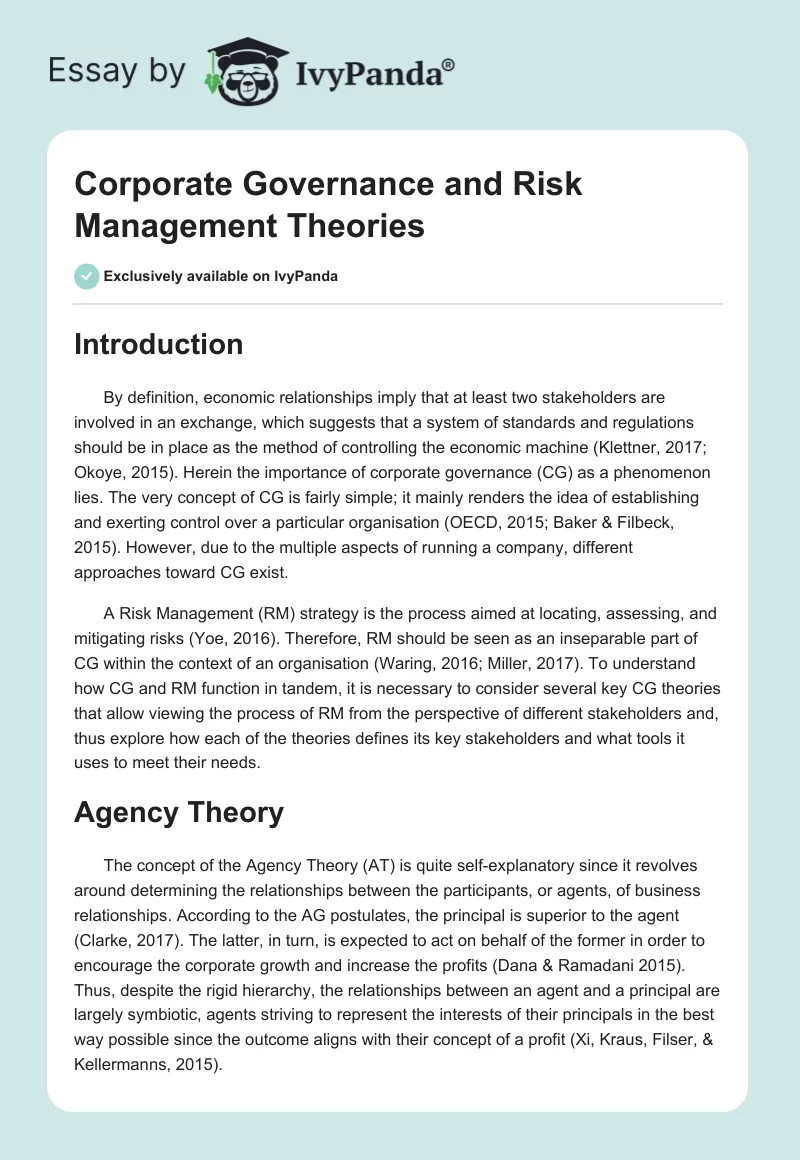 Corporate Governance and Risk Management Theories. Page 1