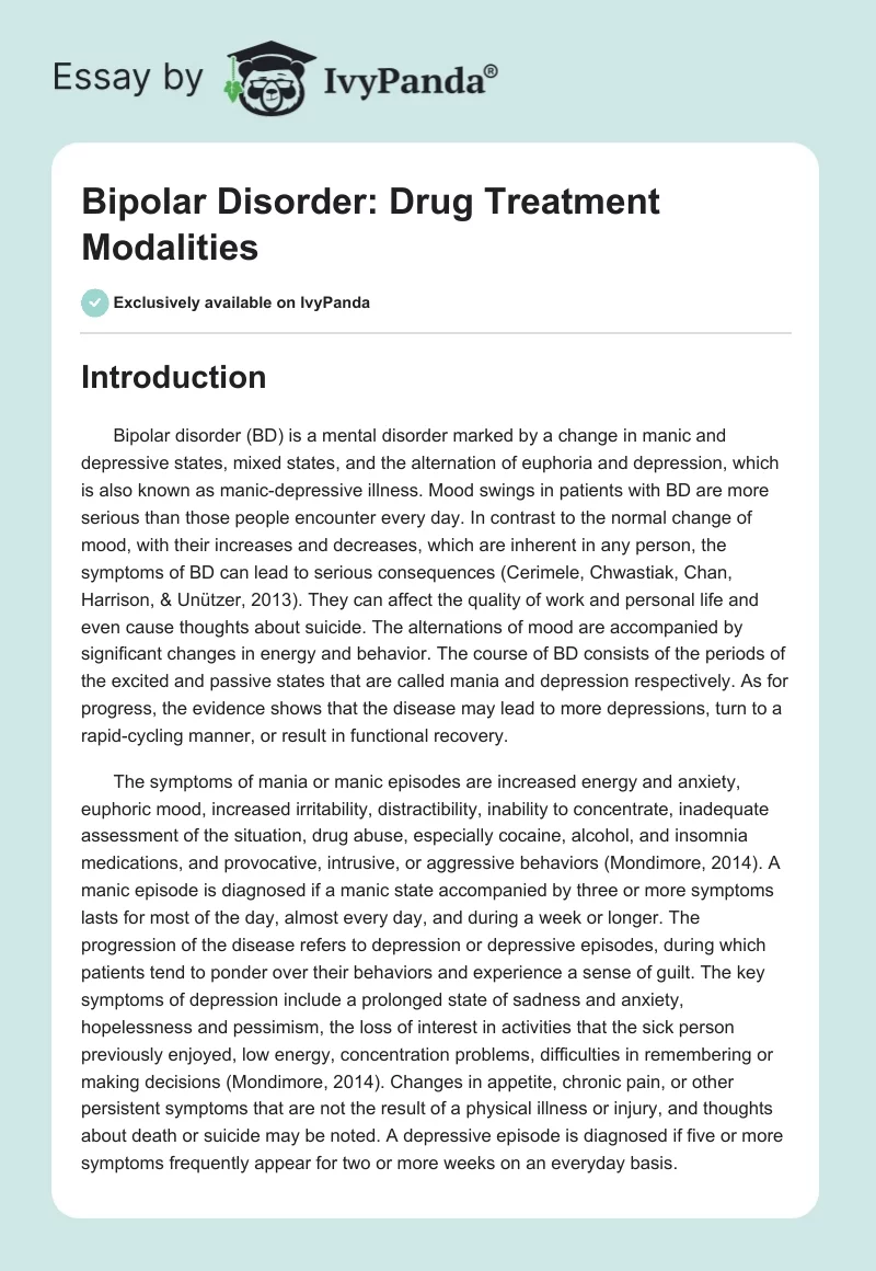 Bipolar Disorder: Drug Treatment Modalities. Page 1