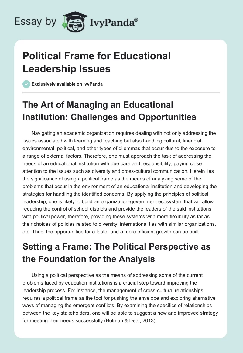 Political Frame for Educational Leadership Issues. Page 1