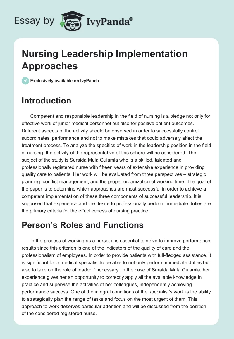 Nursing Leadership Implementation Approaches. Page 1