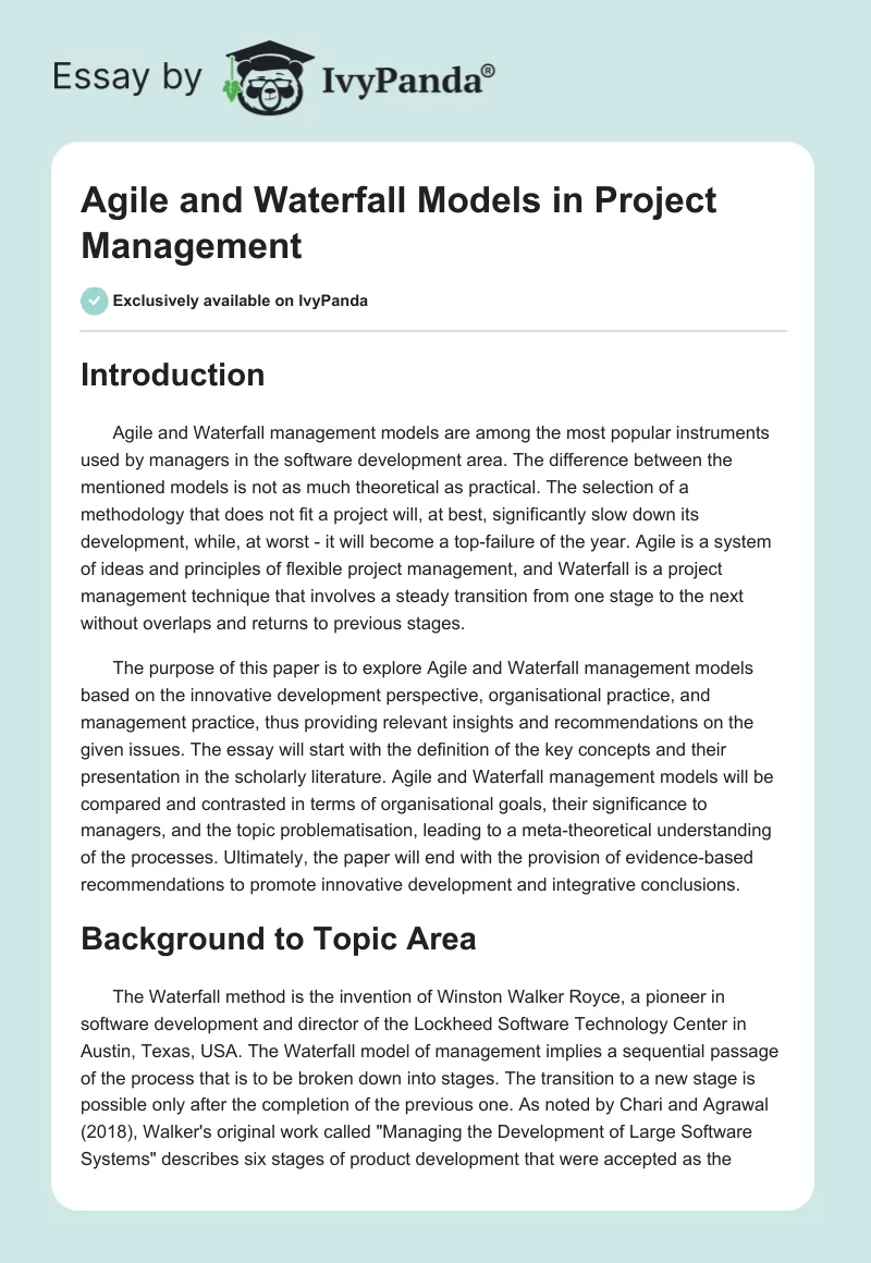 Agile and Waterfall Models in Project Management. Page 1