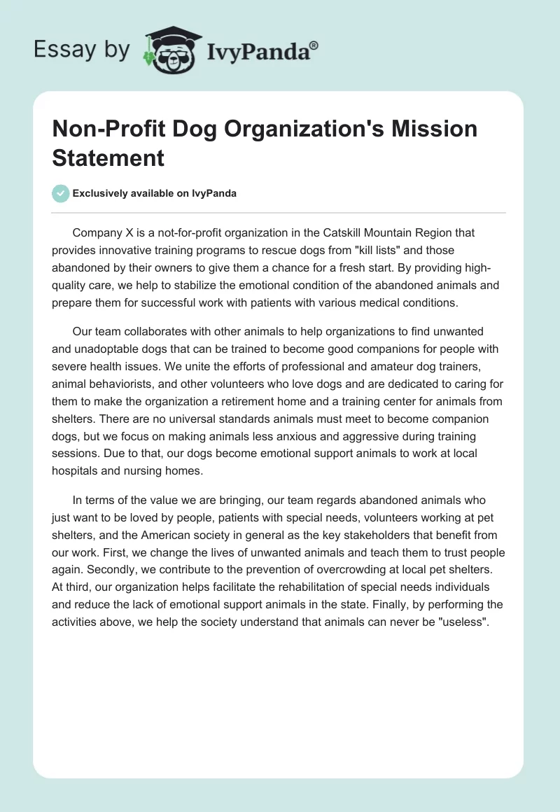 Non-Profit Dog Organization's Mission Statement. Page 1