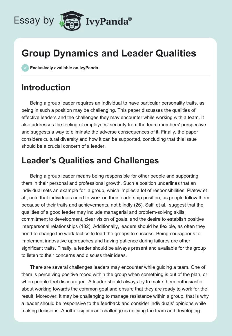 Group Dynamics and Leader Qualities. Page 1