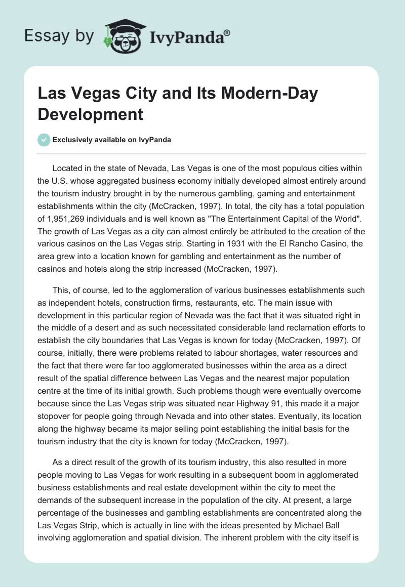 Las Vegas City and Its Modern-Day Development. Page 1
