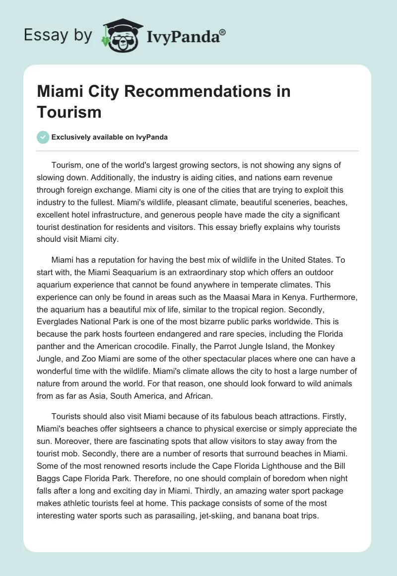 Miami City Recommendations in Tourism. Page 1