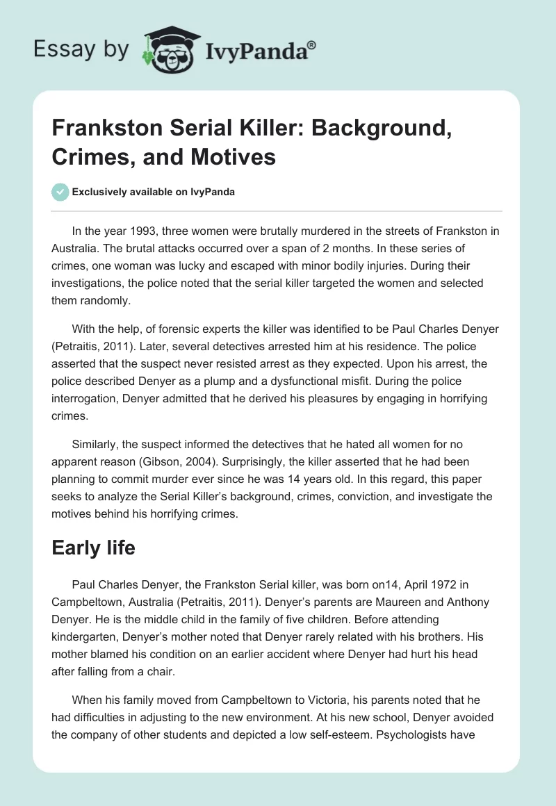 Frankston Serial Killer: Background, Crimes, and Motives. Page 1