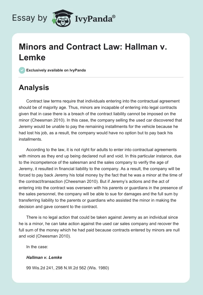 Minors and Contract Law: Hallman vs. Lemke. Page 1