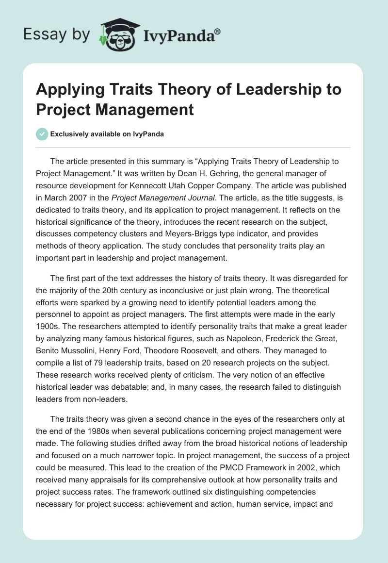 Applying Traits Theory of Leadership to Project Management. Page 1