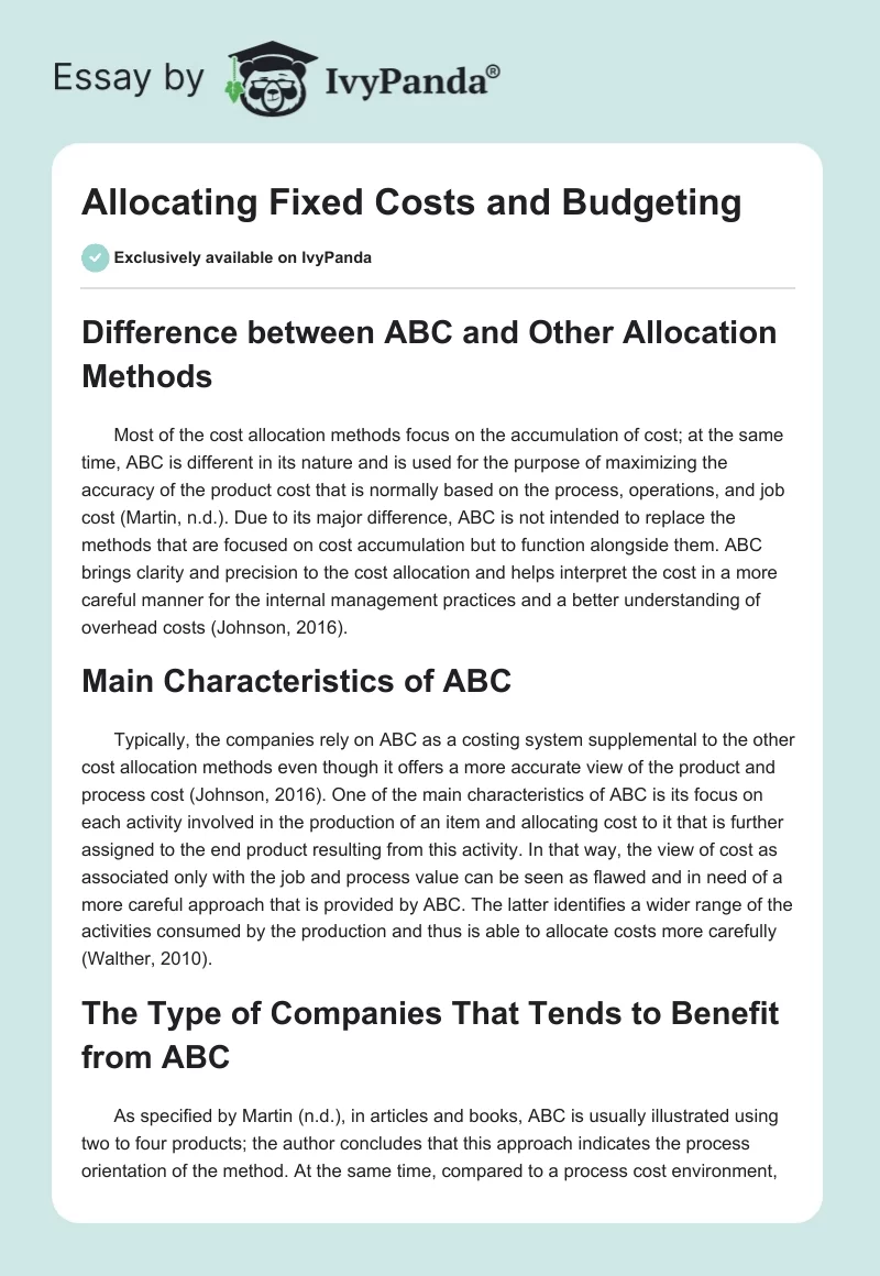Allocating Fixed Costs and Budgeting. Page 1