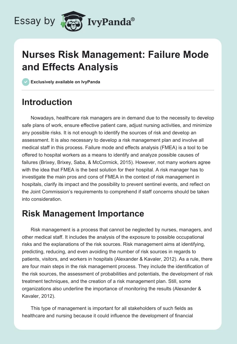 Nurses Risk Management: Failure Mode and Effects Analysis. Page 1