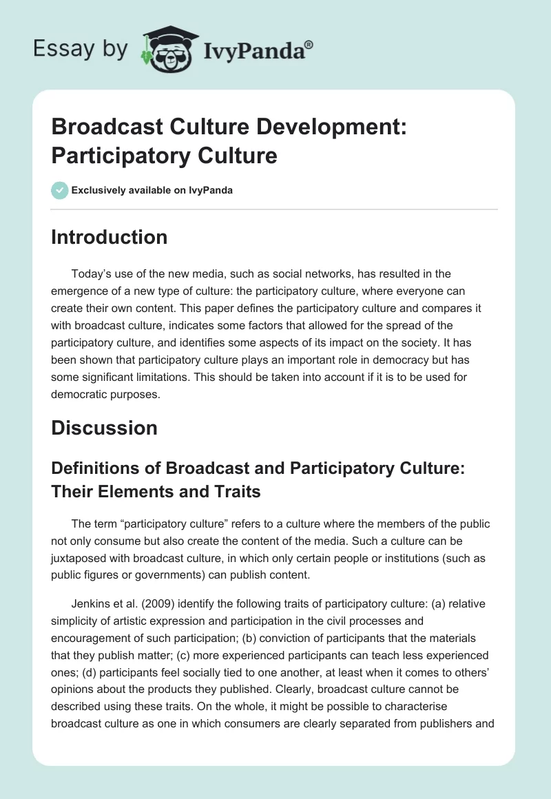 Broadcast Culture Development: Participatory Culture. Page 1