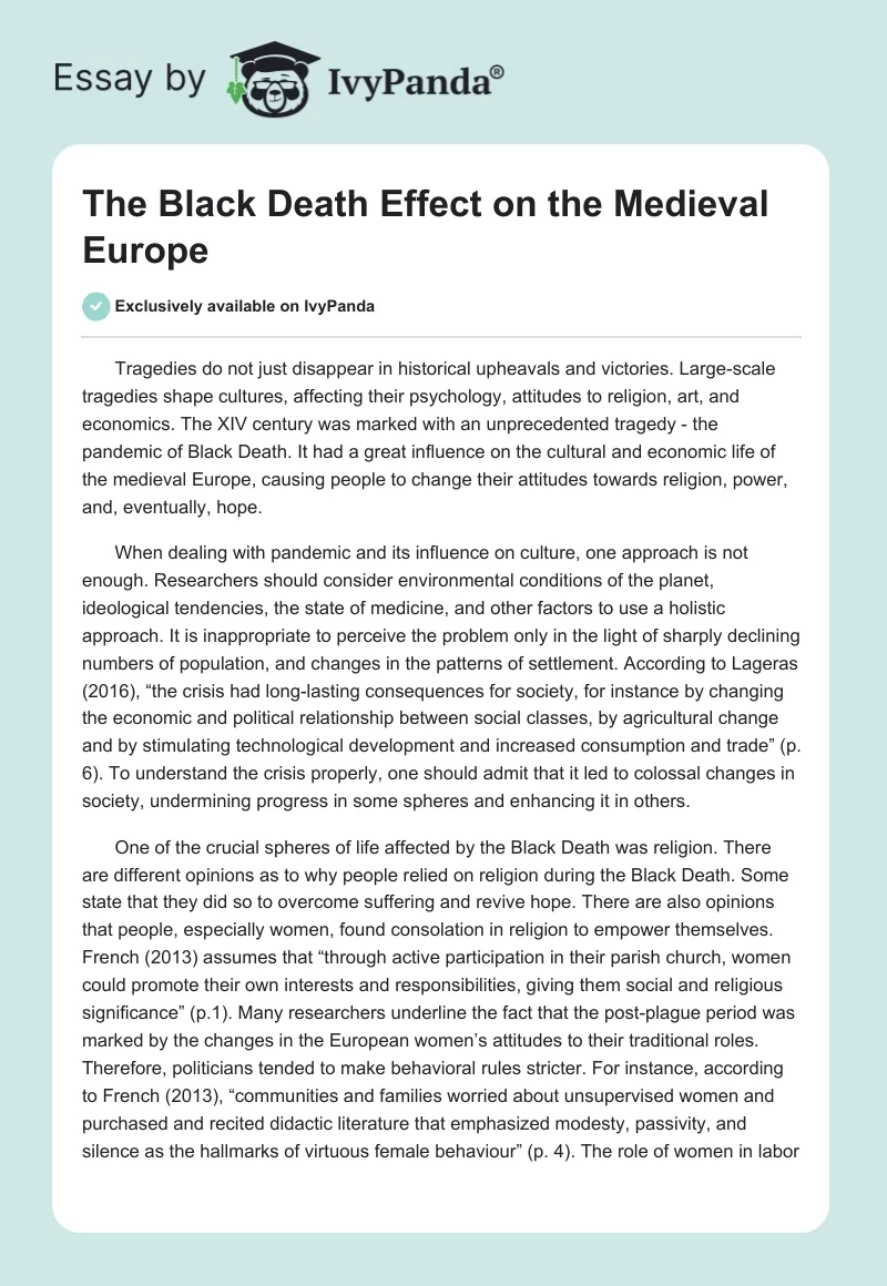 The Black Death Effect on the Medieval Europe. Page 1