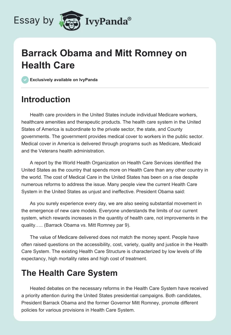 Barrack Obama and Mitt Romney on Health Care. Page 1