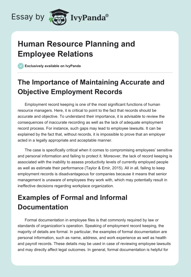 Human Resource Planning and Employee Relations. Page 1