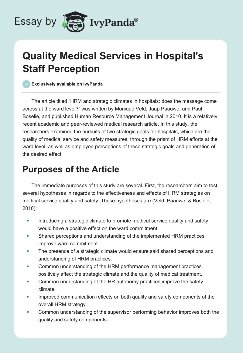 Quality Medical Services in Hospital's Staff Perception. Page 1