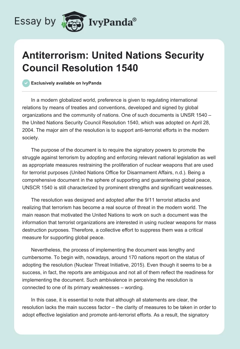 Antiterrorism: United Nations Security Council Resolution 1540. Page 1