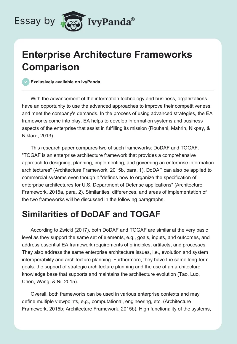 Enterprise Architecture Frameworks Comparison. Page 1