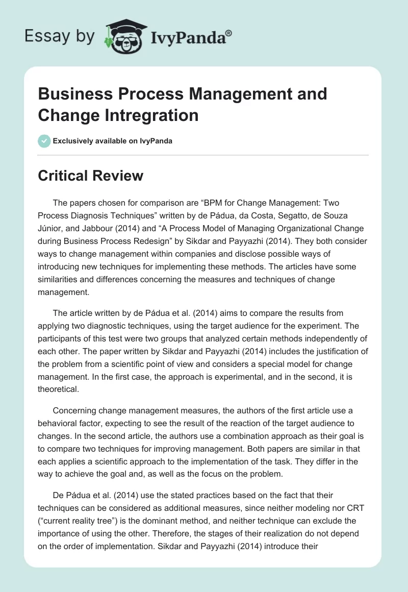 Business Process Management and Change Intregration. Page 1