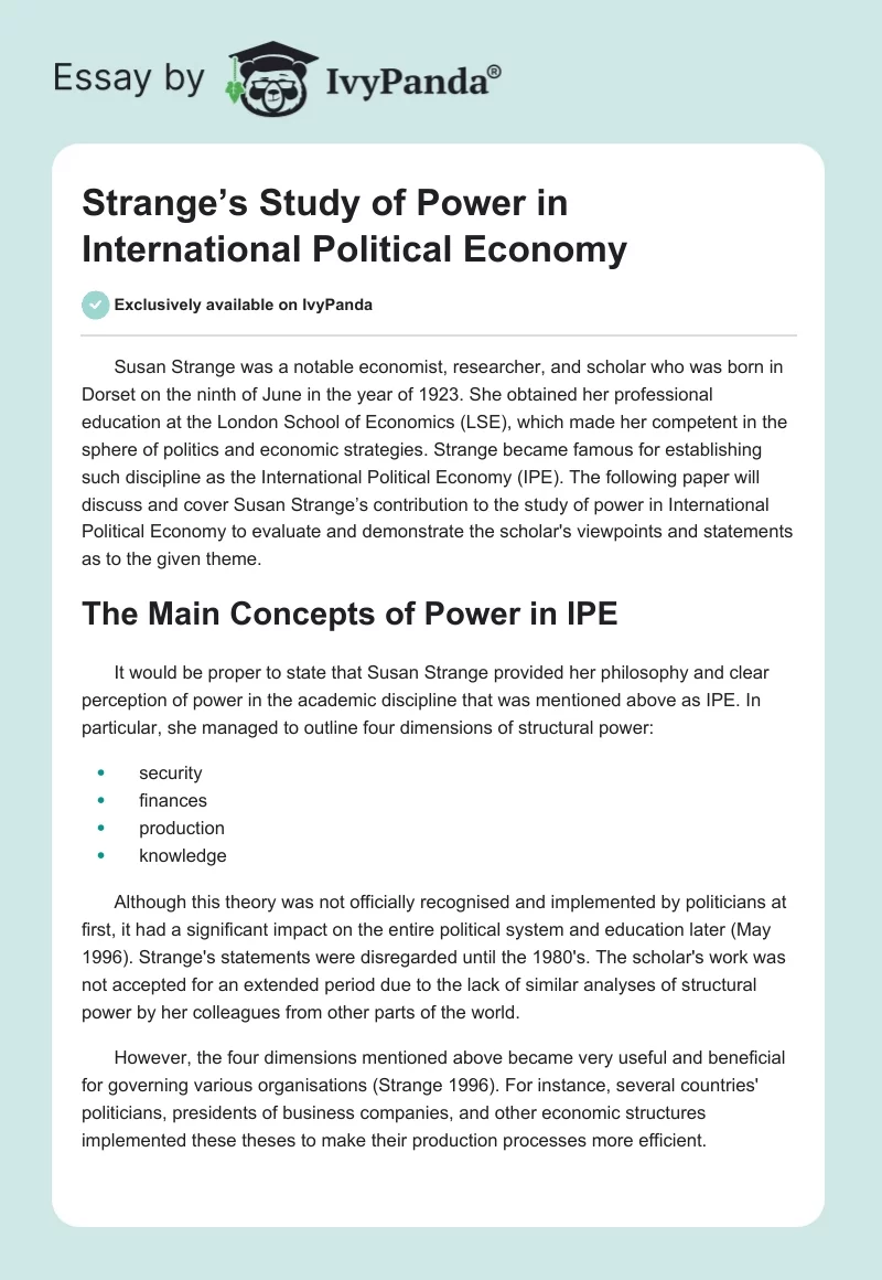 Strange’s Study of Power in International Political Economy. Page 1