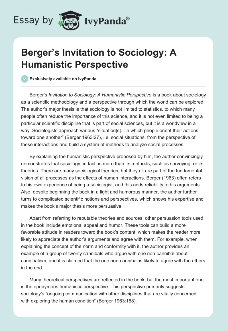 Berger’s "Invitation to Sociology: A Humanistic Perspective". Page 1