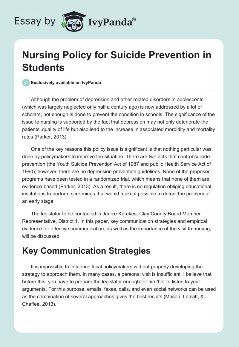 Nursing Policy for Suicide Prevention in Students. Page 1