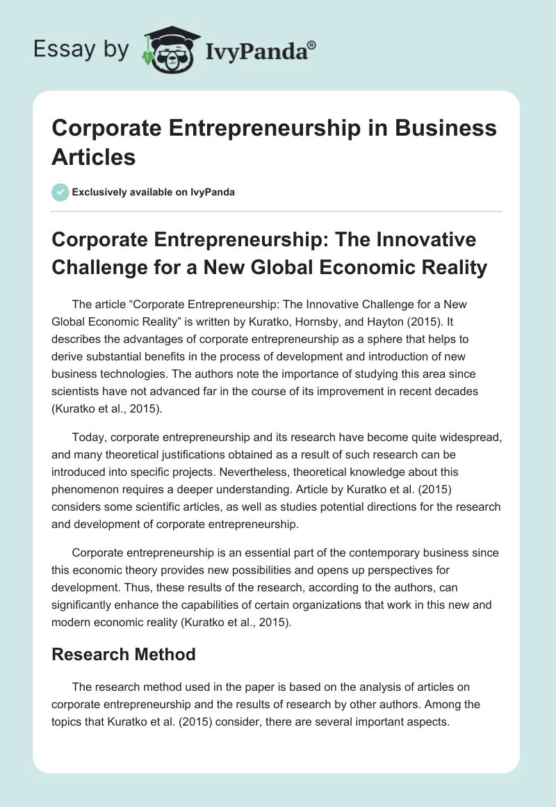 Corporate Entrepreneurship in Business Articles. Page 1